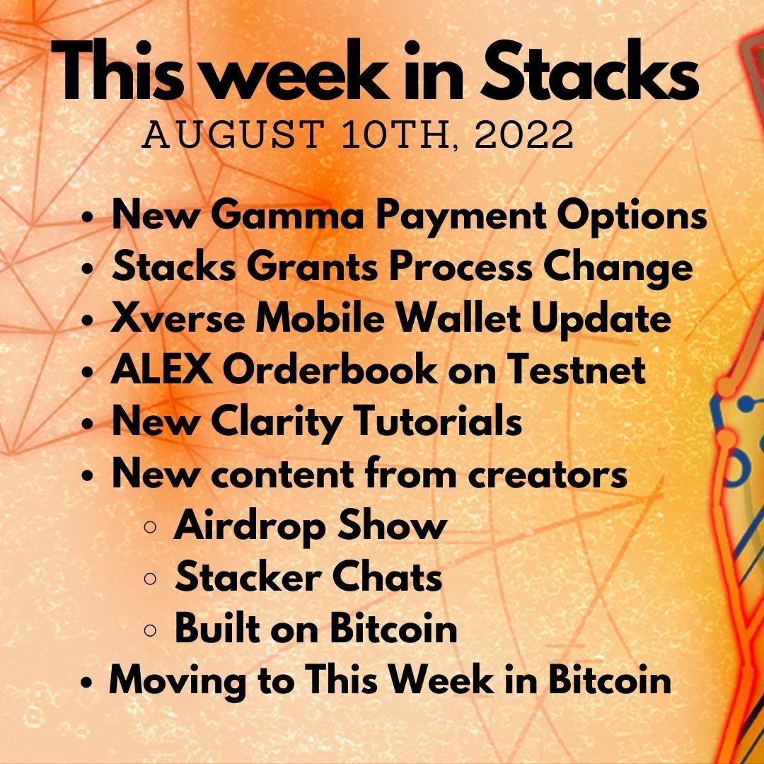 E82: Weekly Update - Gamma, ALEX Orderbook, Arkadiko, Xverse, Moving to This Week in Bitcoin Image