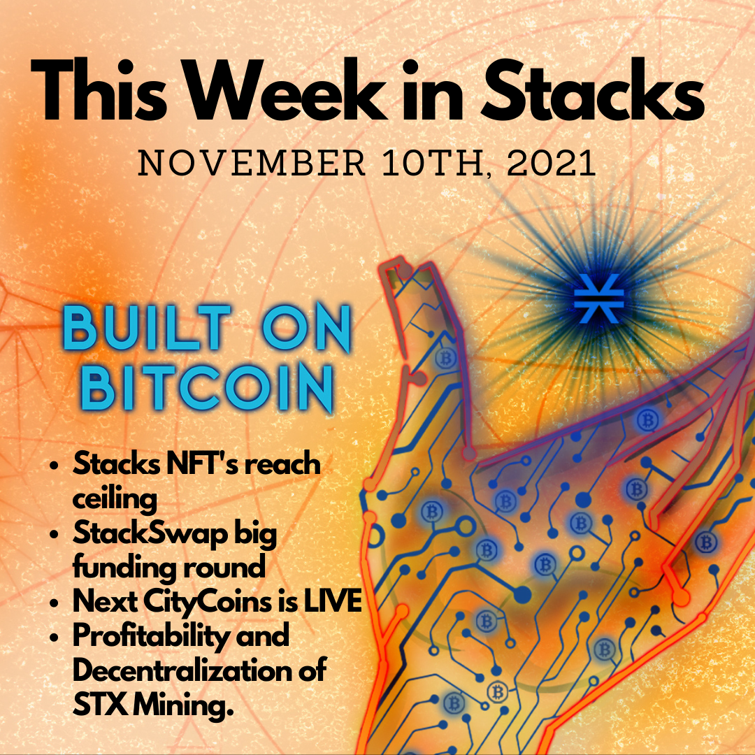 E17: Stacks NFT's hit ceiling, StackSwap Funding, NYCoin CityCoin is LIVE, STX Mining Profitability - This Week in Stacks November 10th, 2021 Image