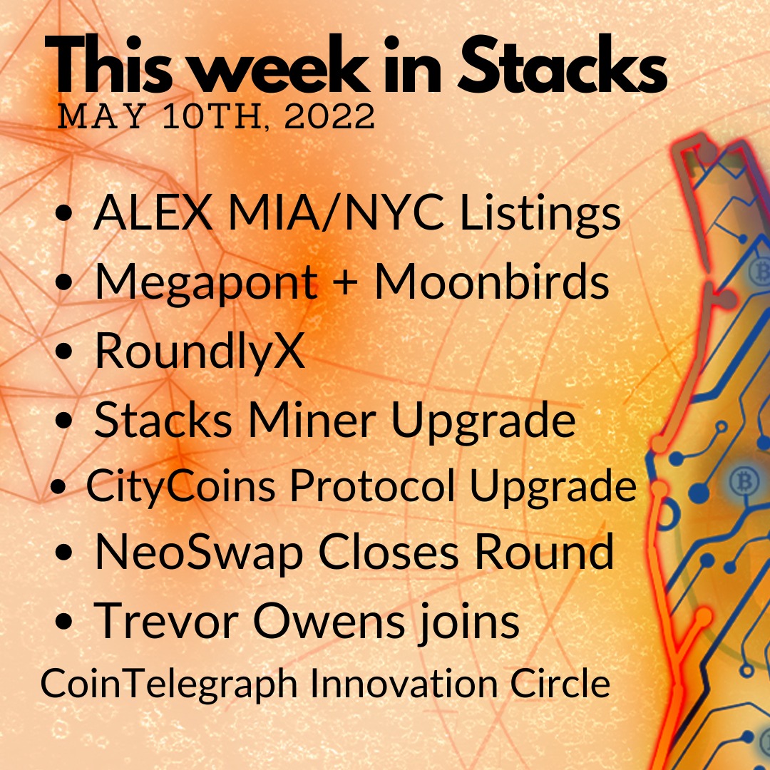 E58: Weekly Update - CityCoins Protocol Upgrade, ALEX, RoundlyX, Stacks Miner Upgrade, Megapont + Moonbirds Image