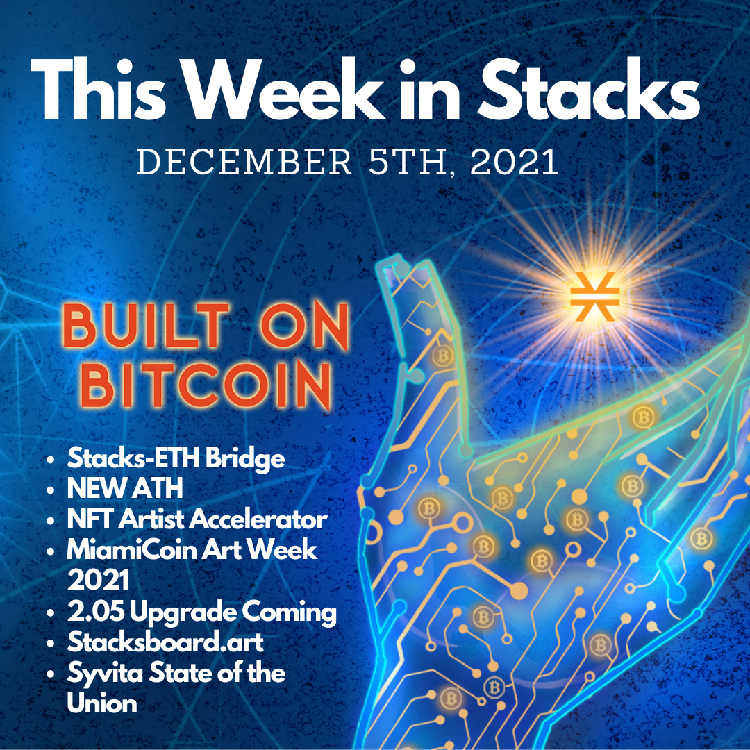 E22: Stacks-ETH Bridge, NEW ATH, NFT Artist Accelerator, 2.05 Upgrade - This Week in Stacks December 5th, 2021 Image