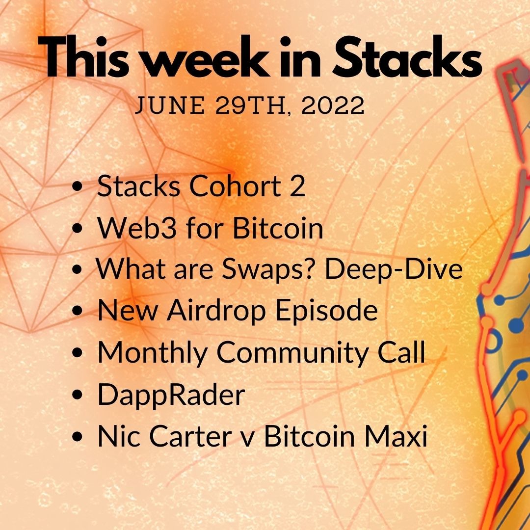 E69: Weekly Update - Stacks Cohort 2, Nic Carter, What are swaps?, Airdrop, Monthly Community Call Image